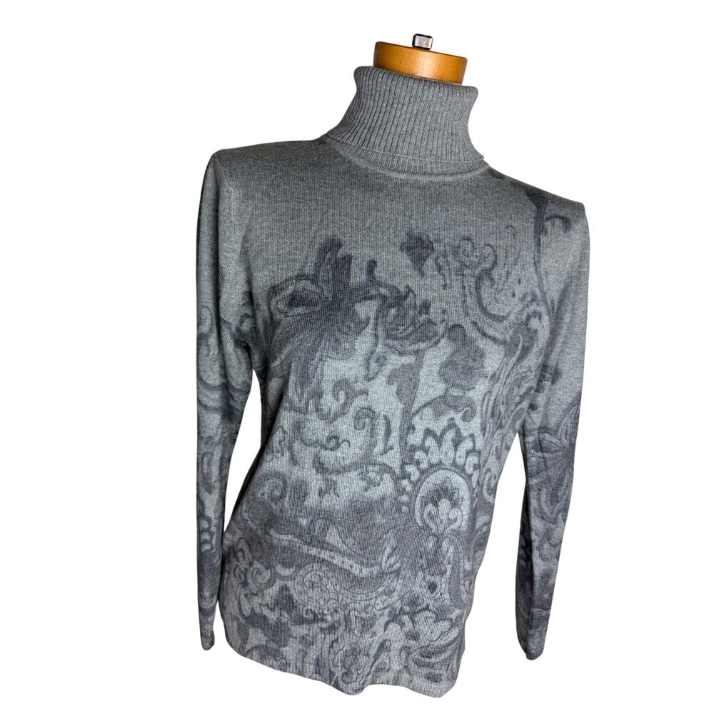 Escapade Gray Tonal Print Turtleneck Sweater Size Large Cashmere Angora Blend
